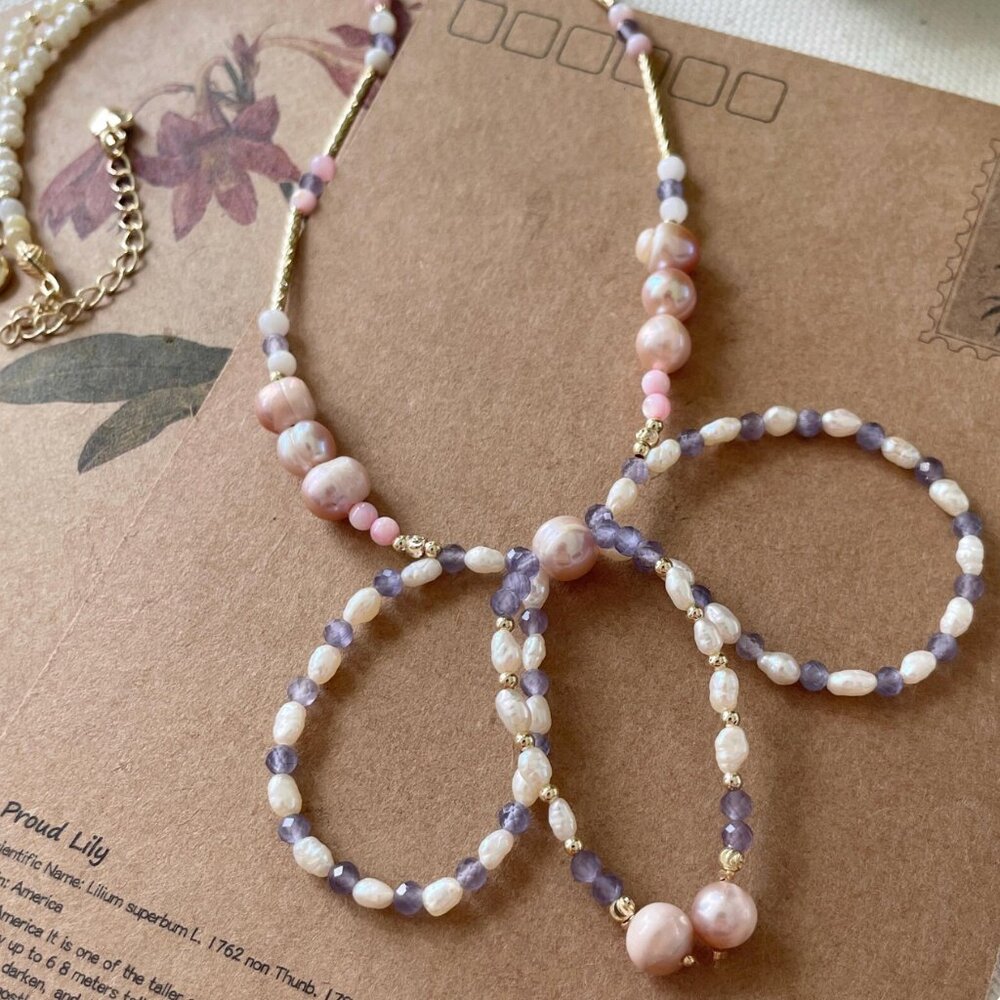 Freshwater Pearl Bow Necklace: Amethyst, Shell, and Gold-Plated Beads